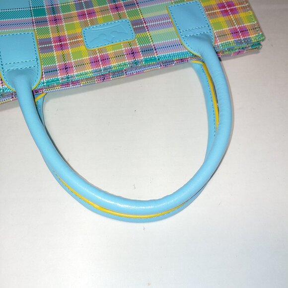 Baekgaard Real Leather Plaid Tote Purse Light Blue Hard Handles OS - Picture 6 of 9